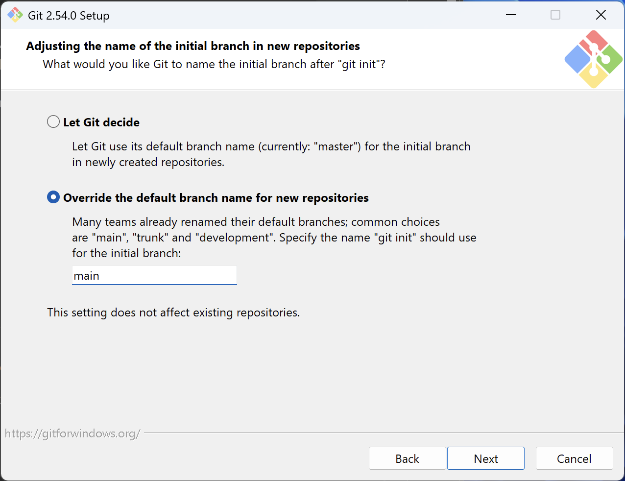 Set to 'main' as the initial branch name.